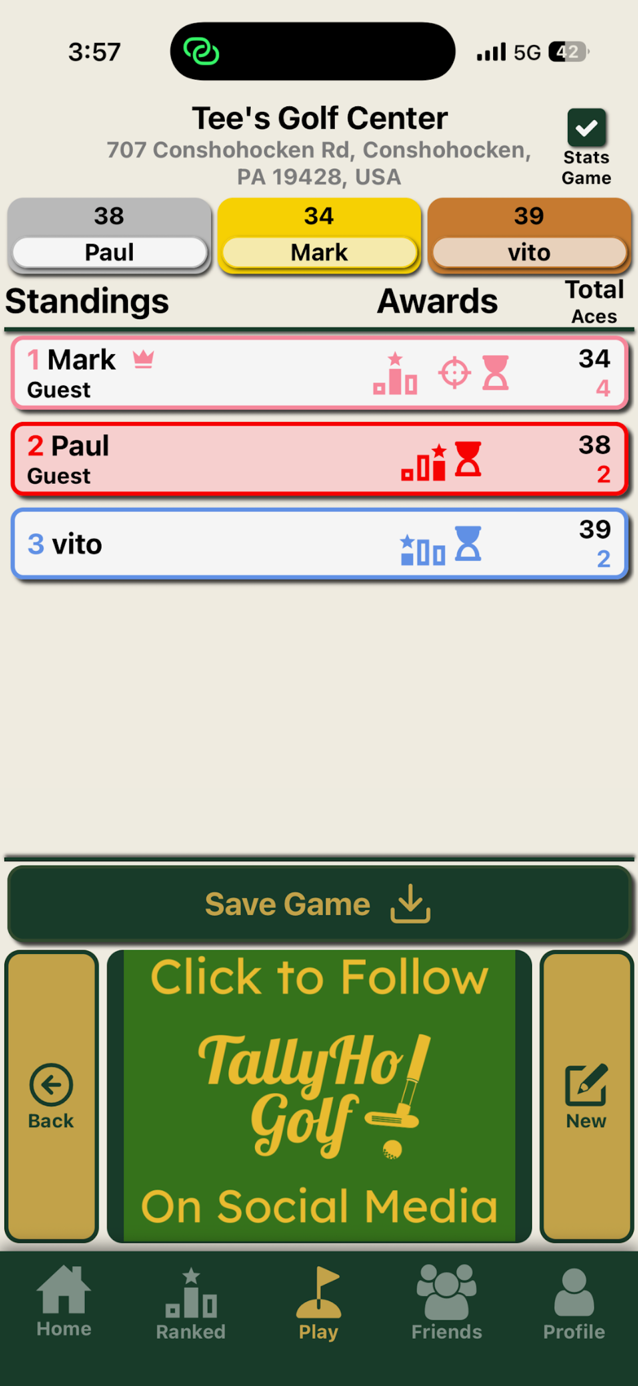 TallyHo Golf scorecard screen