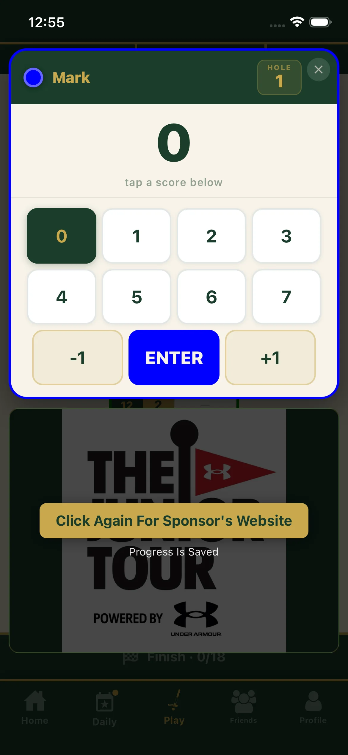Tapping the sponsor banner shows a confirm prompt reading Click Again For Sponsor's Website, with Progress Is Saved beneath it