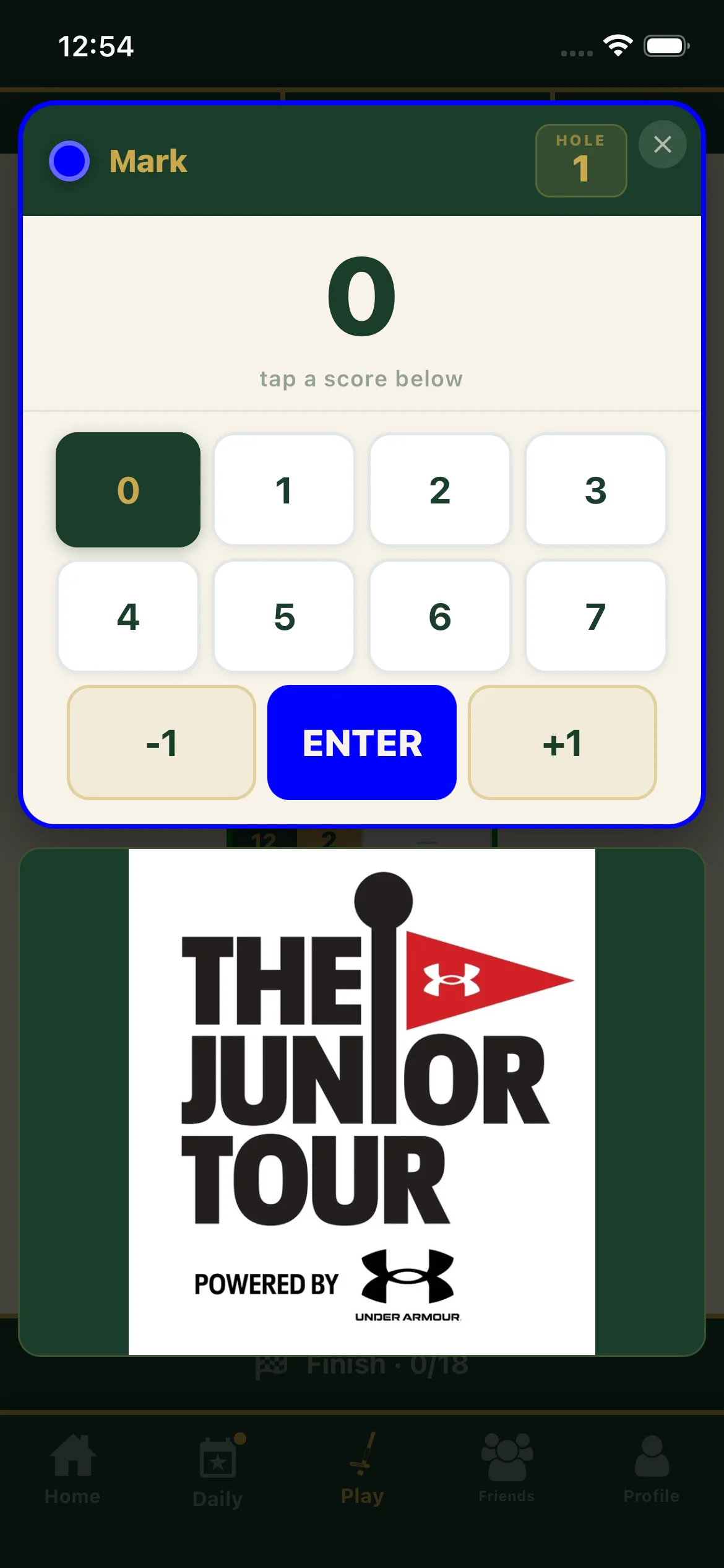 A sponsor banner displayed beneath the TallyHo Golf score keypad while a player enters their score on hole 1