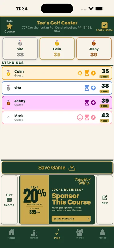 TallyHo Golf final results screen showing the winners podium, full standings with hole-in-one counts, and a course sponsorship slot