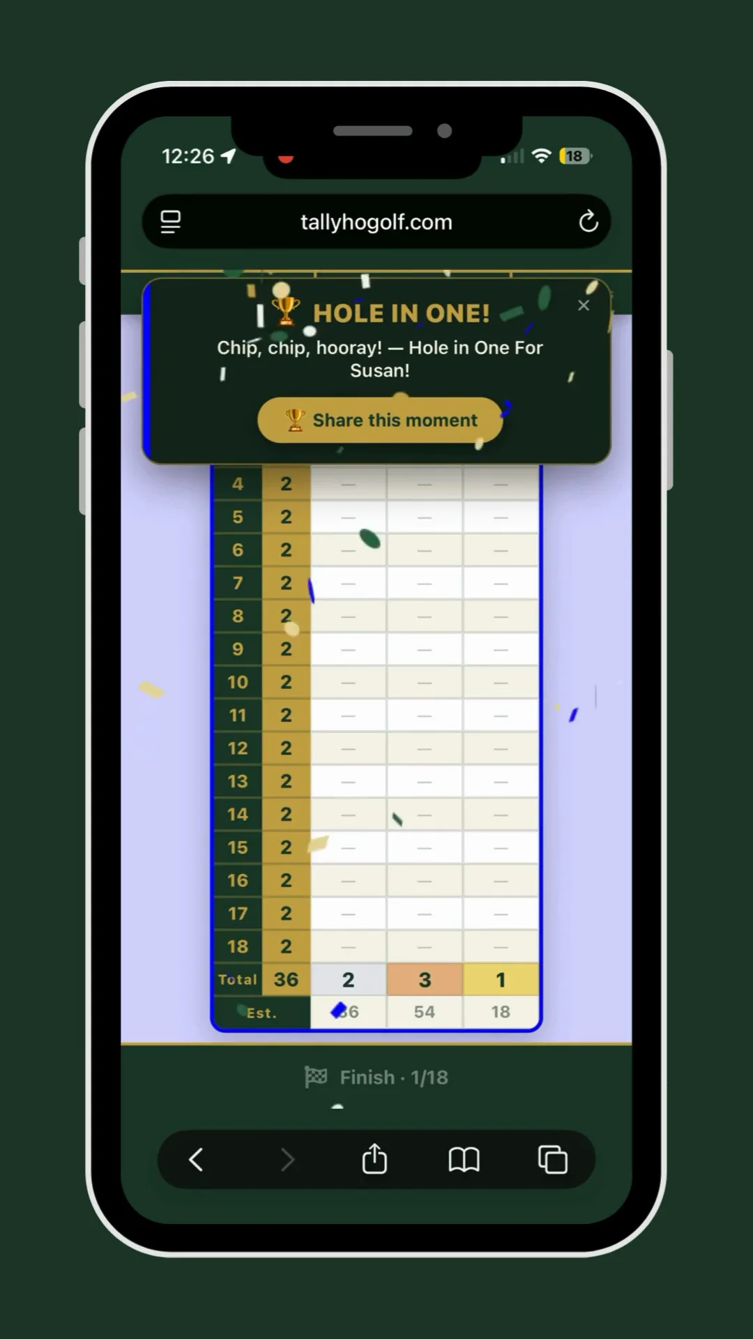 TallyHo Golf demo video: the digital scorecard on a phone, celebrating a hole in one at a mini golf course